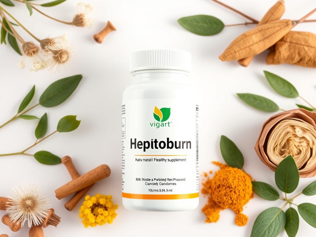 Bottle of Hepatoburn supplement with liver health ingredients surrounding it