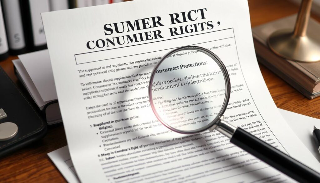 Consumer rights document with magnifying glass highlighting supplement purchase protections