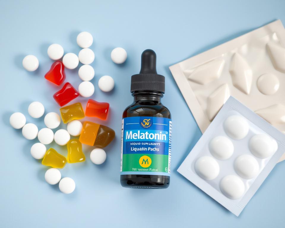 Different forms of melatonin supplements including pills, gummies, liquids, and patches