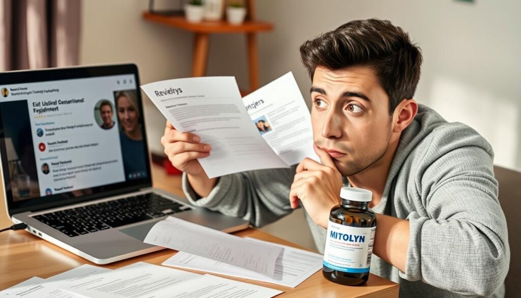 Person making an informed decision about MITOLYN with research materials and supplement bottle