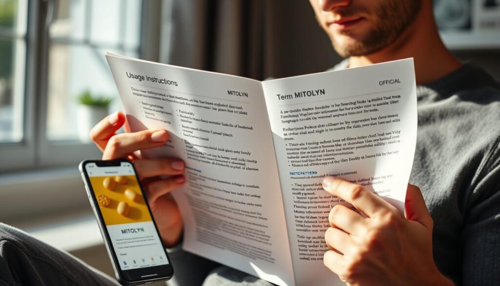 Person reading MITOLYN usage instructions carefully before taking the supplement