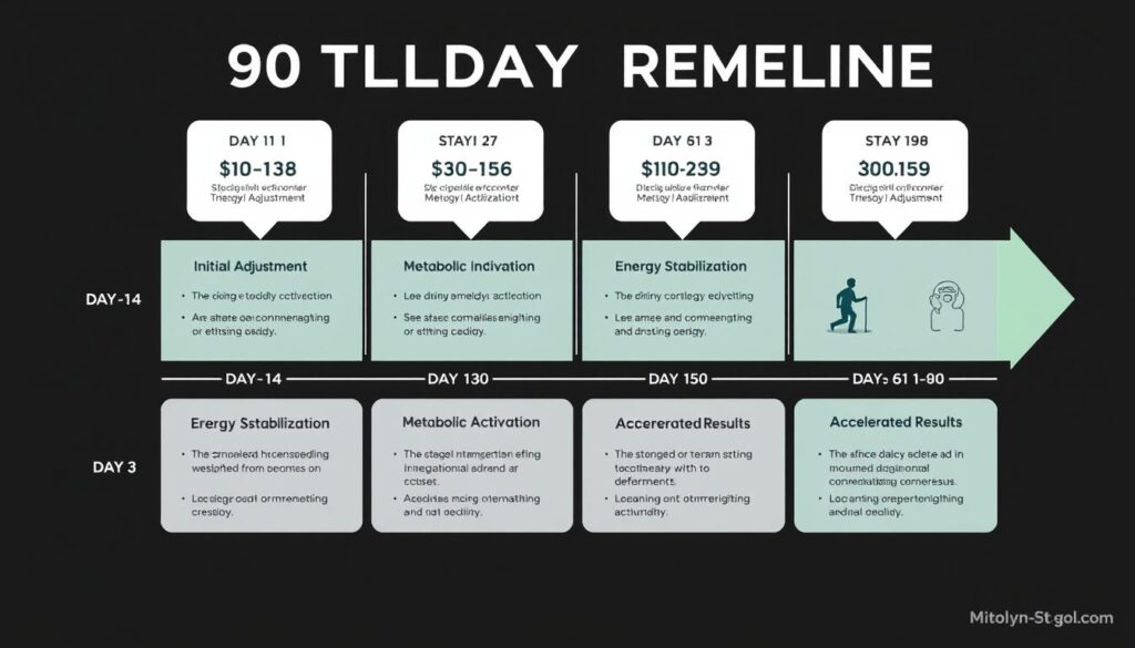 Timeline infographic showing Mitolyn results progression over 90 days in 2025