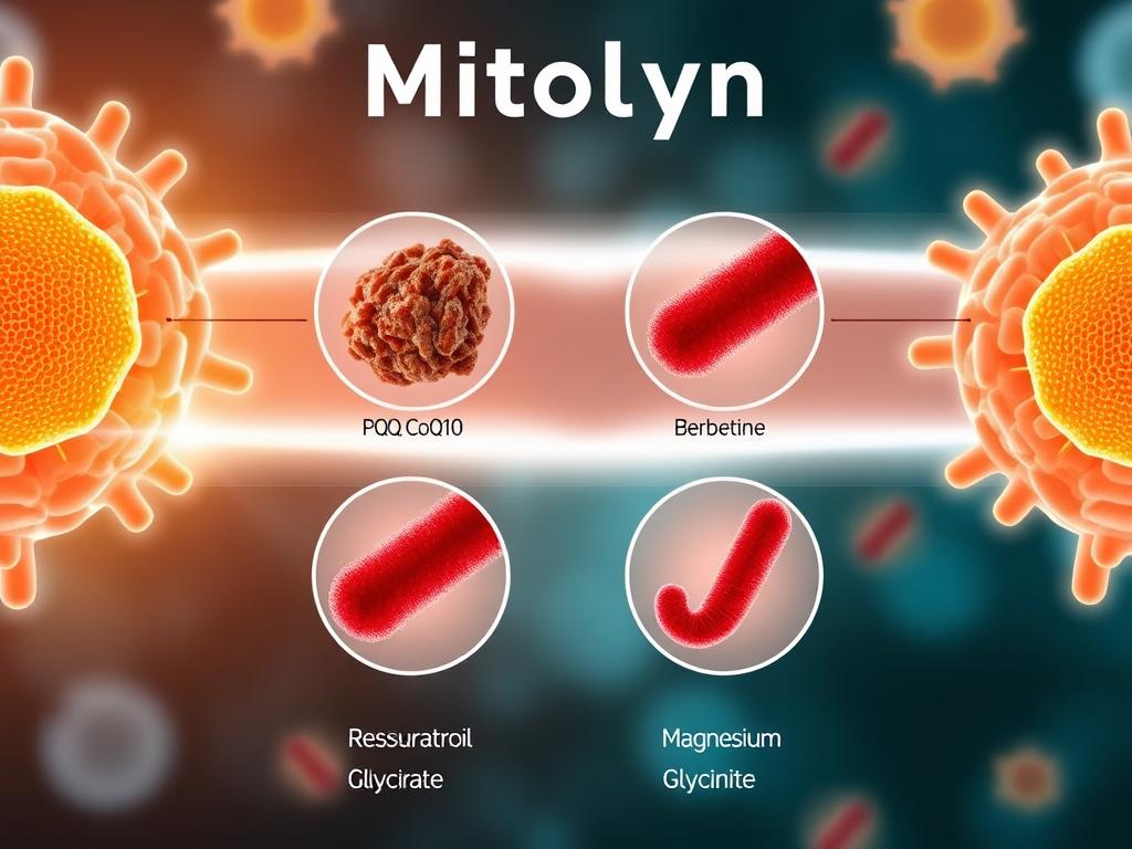 Visual representation of Mitolyn's key ingredients with scientific illustrations of mitochondria